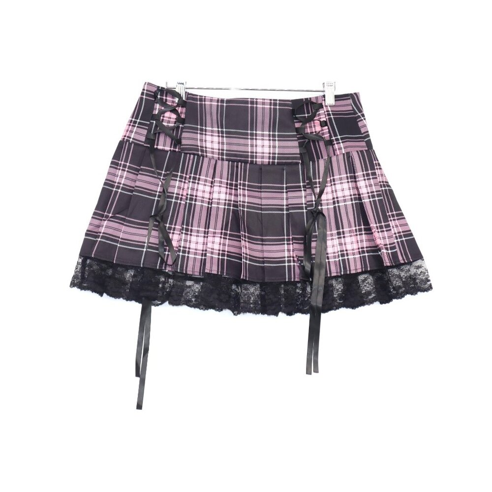Gothic Lolita Pink & Black Plaid Pleated Mini Skirt Lace Trim Ribbon Detail Punk